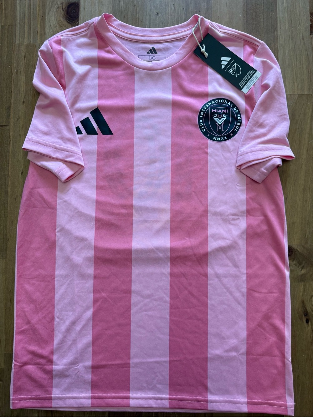 NWT~ Adidas Kids Miami Pink Stripe Messi Soccer Jersey